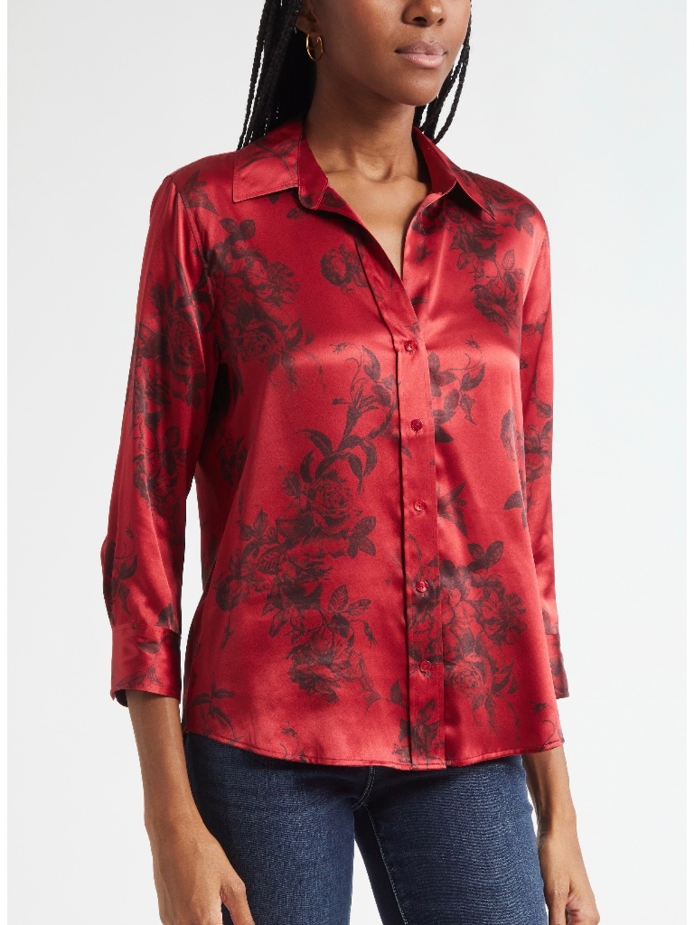 L'AGENCE Dani 3/4 Sleeve Silk Blouse in Burgundy Red Painterfly Flower Small S